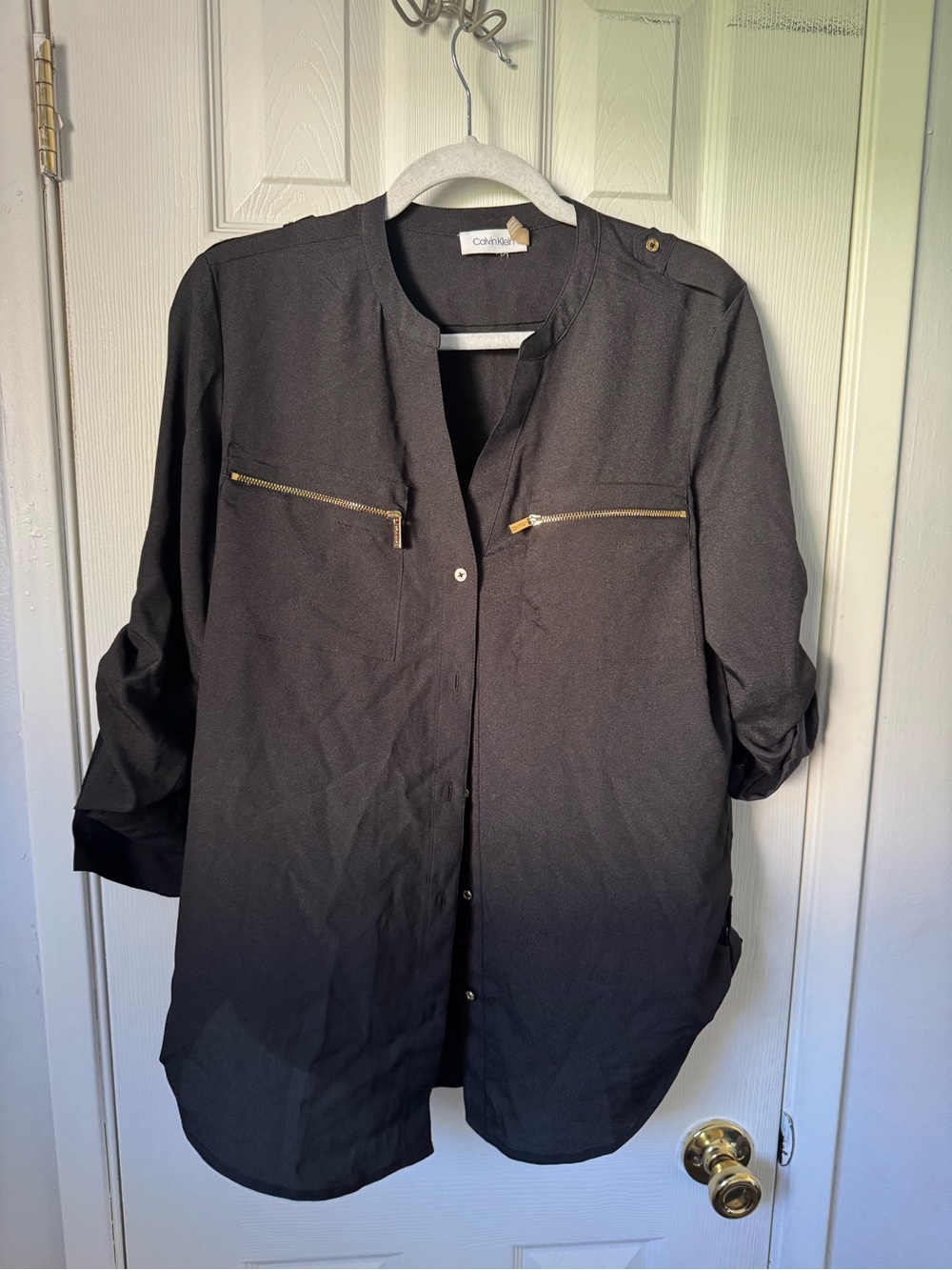 Calvin Klein Black Long Sleeve Button-Front Shirt with Gold Zippers Large